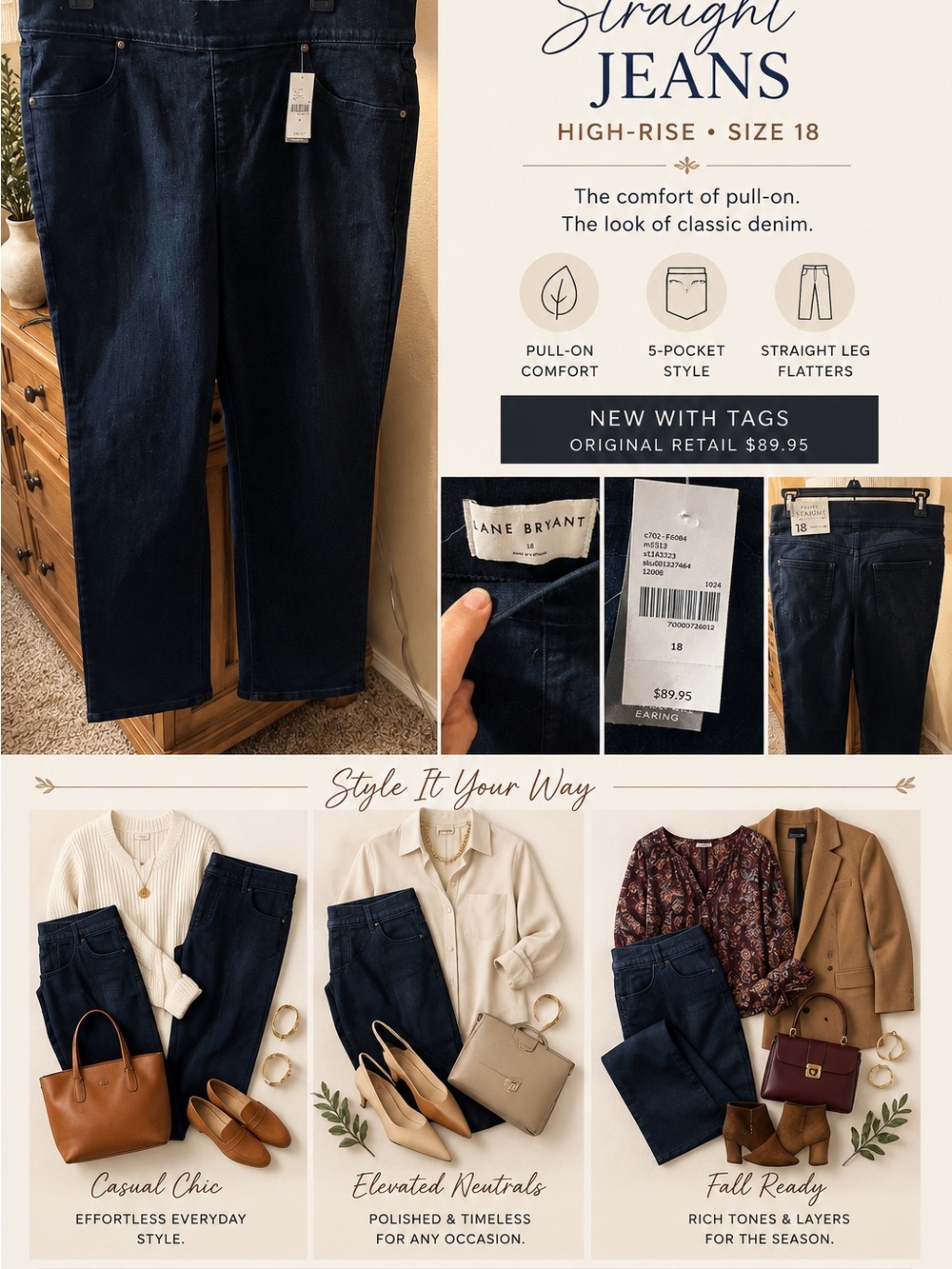 Lane Bryant Dark Blue Straight Pull-On Jeans
